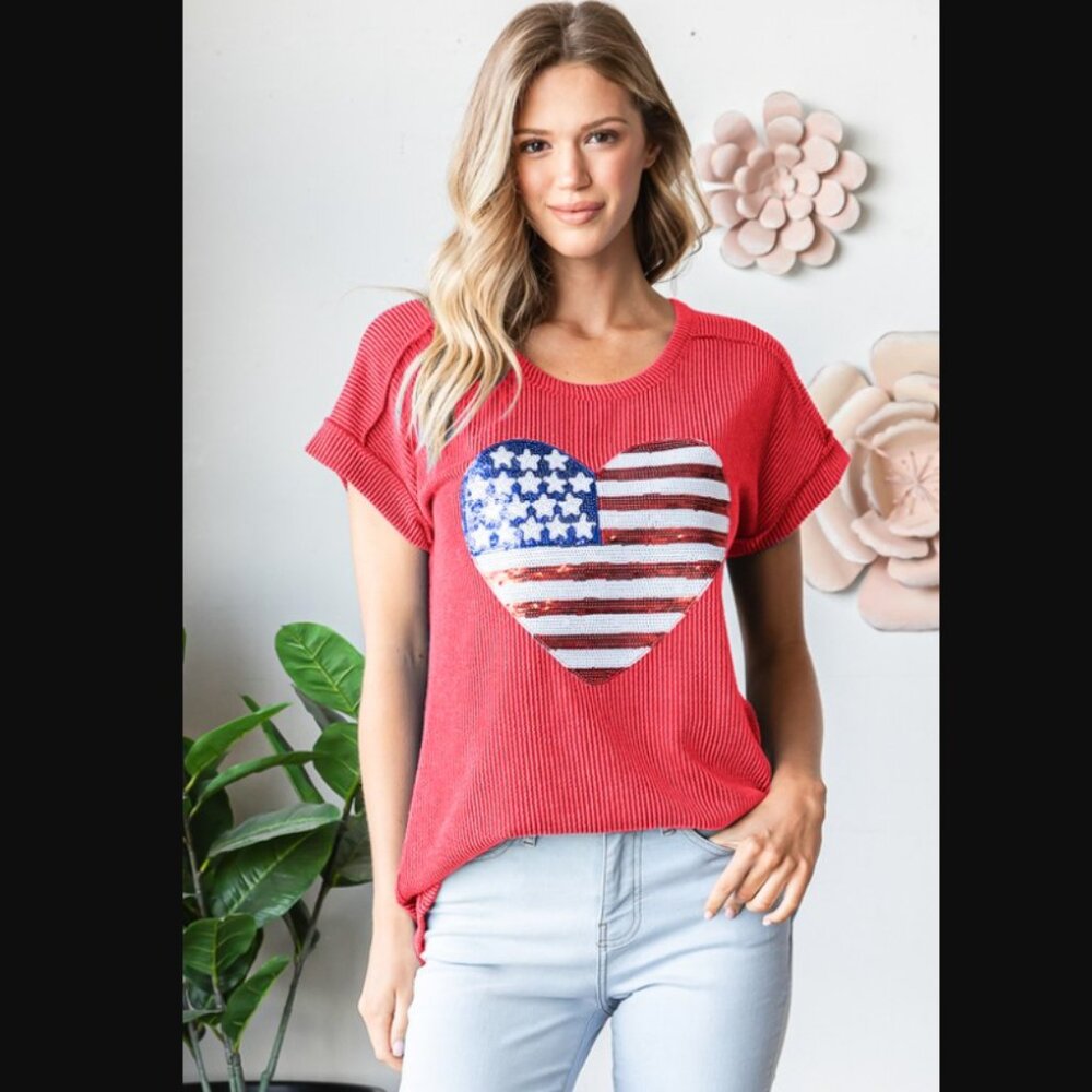 "Braveheart" HEIMISH Sequin Heart American Flag Red Short Sleeve Ribbed Top
